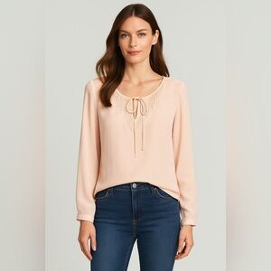 NEW Tahari Theora Blouse Pink‎ Tint Beaded Tie Neck Long Sleeve Size Large NWT